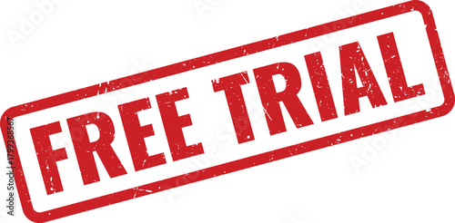 Red rectangular FREE TRIAL grunge rubber stamp for promotional offers and new product service marketing