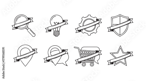 Collection of eight sketched icons with a prohibition tape overlay silhouette