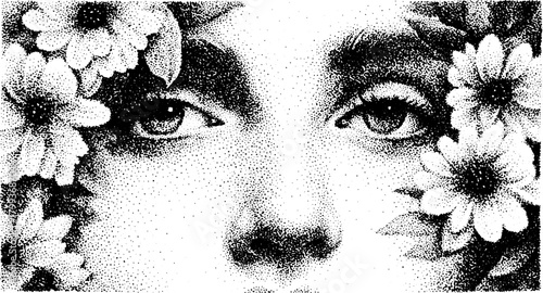 Face with eyes surrounded by flowers. Black and white dot pattern vector illustration emphasizing detail and elegance.