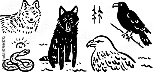 Wolf, bird, eagle, and snake. Black and white vector illustration depicting various wildlife animals in a simple, flat design set.