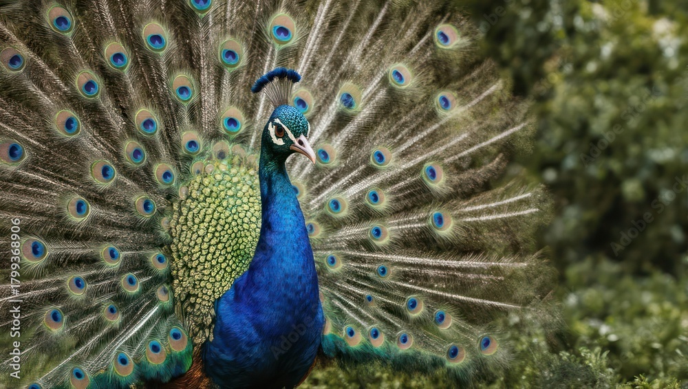 Naklejka premium Majestic Peacock Displaying Its Vibrant Plumage in Lush Greenery.