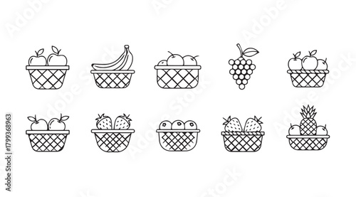 Collection of fruit baskets and bunches in a simple black and white silhouette style