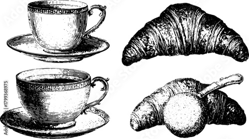Coffee cup and croissant in hand-drawn style. Elegant black and white vector illustration of breakfast items on a plate.