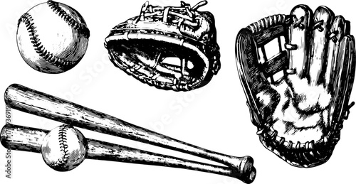 Baseball equipment set including a bat, glove, and ball in a detailed vector illustration. Classic sports gear is displayed in a black and white graphic.