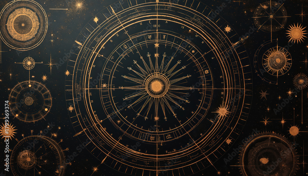 Fototapeta premium Golden celestial charts and astronomical symbols on dark starry night sky background. Cosmic patterns and sun moon graphics with constellations are arranged abstractly.