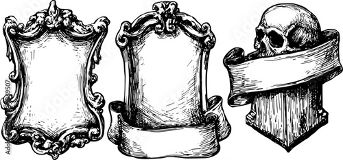 Vintage frame set featuring ornate designs and an empty banner for text. Detailed black and white vector illustration with skeleton motifs.