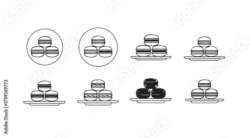 A collection of colorful macaron stacks in a stylized silhouette design