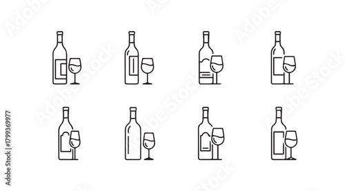 Collection of eight elegant wine bottle and glass silhouettes in outline style