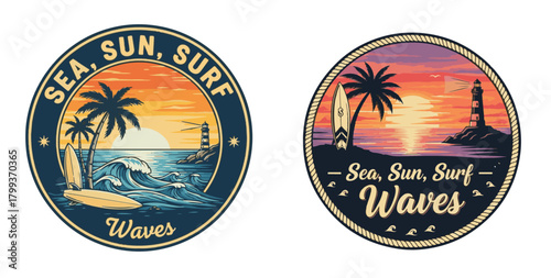 Retro Summer Surf Emblems with Tropical Sunset, Lighthouse, Palm Trees and Waves