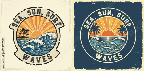 Vintage Surf Beach Emblem Design with Sun, Waves, and Palm Trees