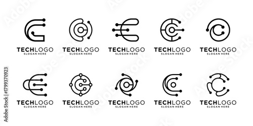 Set of letter C circular with circuit connection logo design inspiration, Geometric abstract logo icon vector isolated on white background.