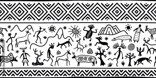 Ethnic border on the theme of rock paintings, petroglyphs, seamless pattern, isolated on white background, vector design, banner