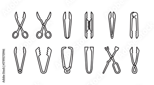 Collection of various kitchen tongs and tweezers in a simple silhouette style