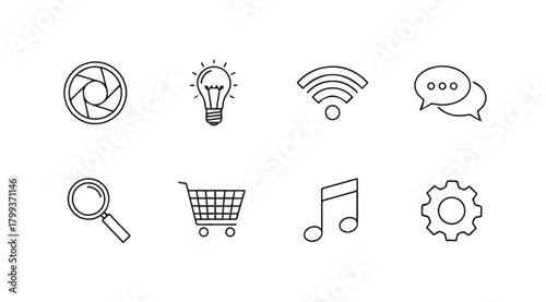 Collection of eight hand drawn business and technology icons in silhouette