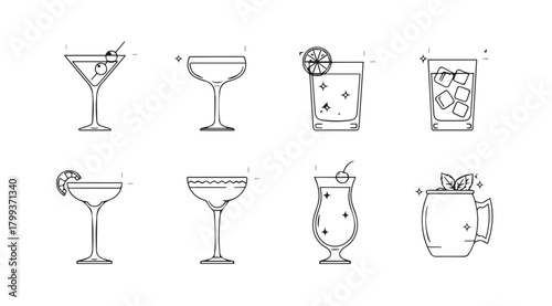 Collection of hand drawn cocktail glasses and drinks silhouette