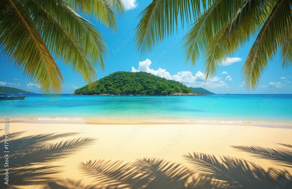 Obraz premium Idyllic tropical island seascape with clear blue ocean, golden sand beach, rich green hills. Palm fronds frame view, creating serene paradise vacation scene.