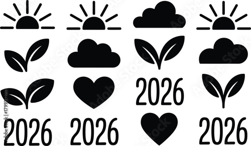 A collection of suns, clouds, leaves, hearts, and the year two thousand twenty six in black and white