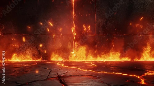 Fiery Lava Floor and Cracked Stone Walls with Intense Orange Flames fire heat