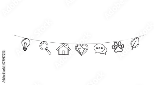 A whimsical garland of hand drawn icons in a simple outline silhouette style