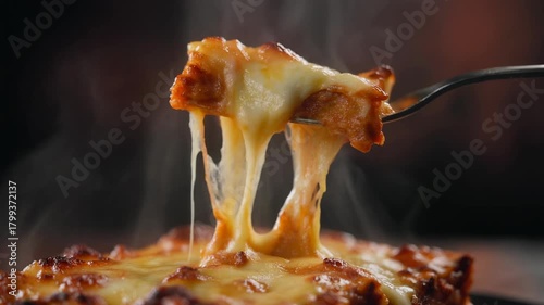 Fork lifting a piece of cheesy lasagna with melted cheese stretching image photo