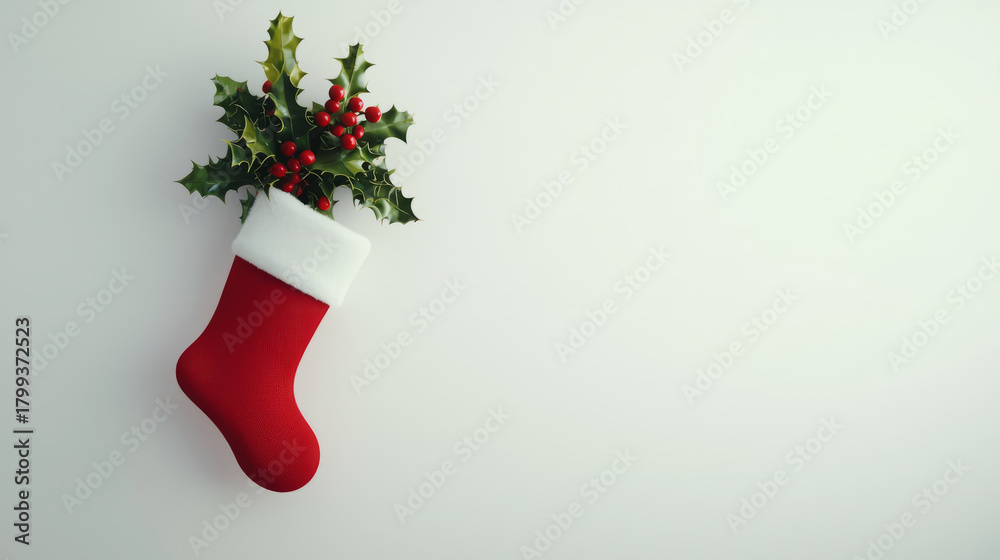 Obraz premium A stocking hanging on a blank wall with a small sprig of holly for a festive, New Year's look.