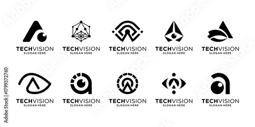Set of vision eye tech logo design. Initial letter A isolated on white background. Geometric abstract logo icon vector.