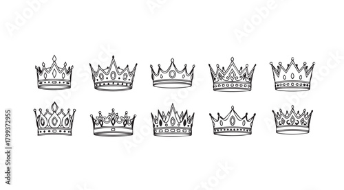 Collection of ornate royal crowns in a distinctive silhouette style
