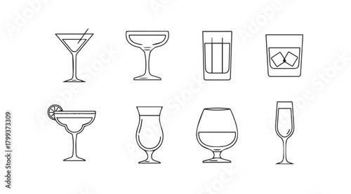 Collection of eight distinct cocktail and drink glasses in a minimalist silhouette style