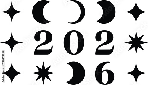 A graphic design featuring stars, moon phases, and the year twenty twenty six in black on a light background