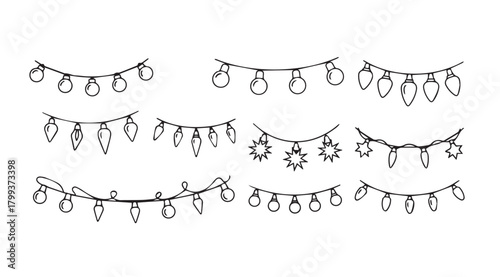 Collection of hand drawn christmas light string silhouettes for festive decoration