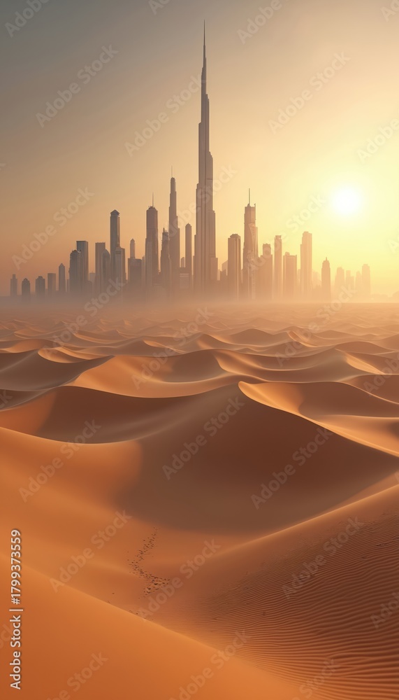 Fototapeta premium Modern city skyline rises from desert sand dunes at sunset. Tall glass skyscrapers in Middle East blur with hazy atmosphere. Urban development meets arid landscape.