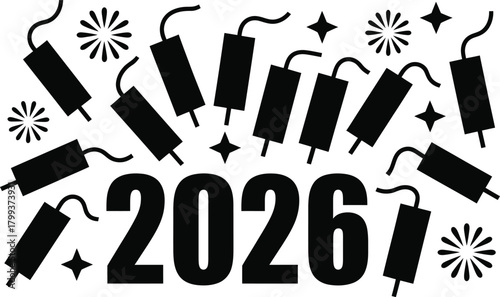 A design with the year two thousand twenty six surrounded by party poppers and star and flower shapes