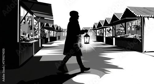 A solitary figure in silhouette walking while carrying a vintage lantern.