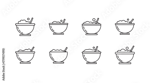 Collection of eight simple hand drawn dessert bowls with spoons silhouette