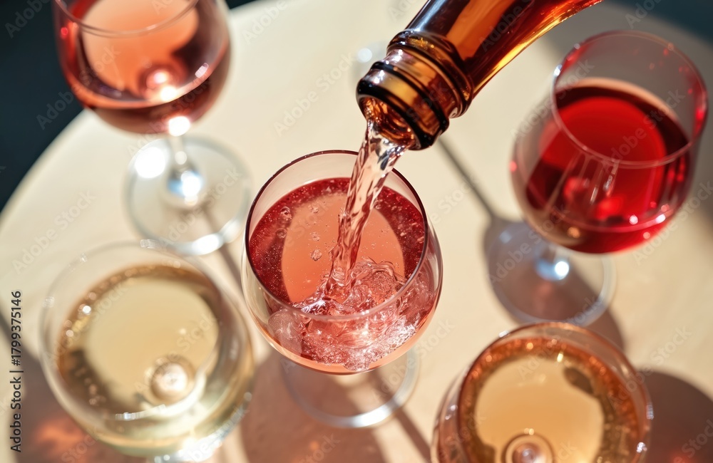 Fototapeta premium Rose wine is poured into a glass from a bottle. Several wine glasses of different colors sit on a wooden table. Friends are celebrating a festive occasion together.