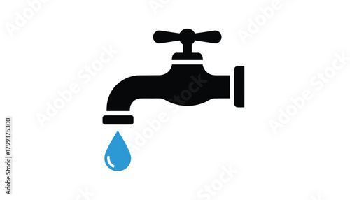 Black faucet with a blue water drop simple illustration isolated on white background for plumbing or conservation concepts