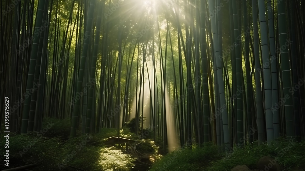 Naklejka premium Sunlight filters through a dense bamboo forest, creating a serene and peaceful scene