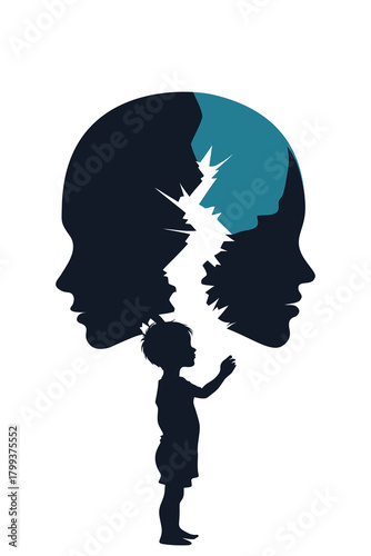 Abstract illustration of a child reaching toward two cracked overlapping heads, symbolizing trauma, inner child healing, emotional wounds, psychological struggle, and mental health recovery.