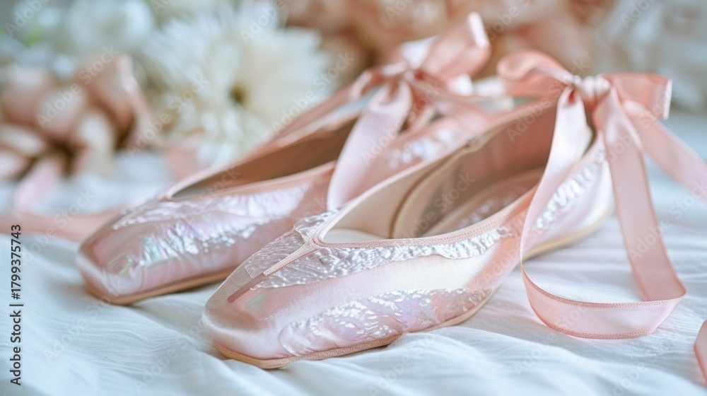 Obraz premium Elegant Pink Ballet Slippers with Ribbons on White Fabric.
