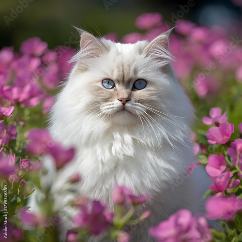 cat with pink flower,cat in the garden, a beautiful cat,a cat in the green grass,a cat look at the camera
