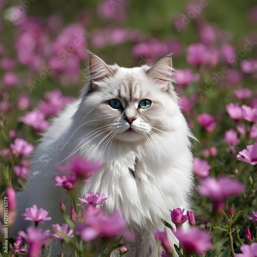 cat with pink flower,cat in the garden, a beautiful cat,a cat in the green grass,a cat look at the camera