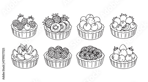 Collection of eight hand drawn cupcake illustrations in a sketchy silhouette style