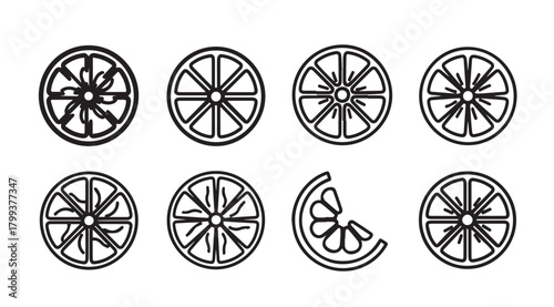 Collection of stylized orange slices and one wedge in a clean silhouette design
