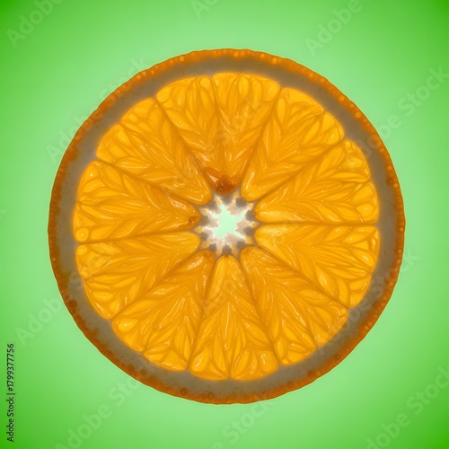 A vibrant cross-section of a citrus fruit showcasing bright orange segments against a contrasting green background