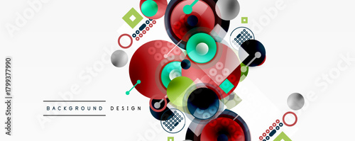 Abstract geometric shapes, circles, squares, dots create modern design. Red, green, blue colors dominate composition. Minimalist style.