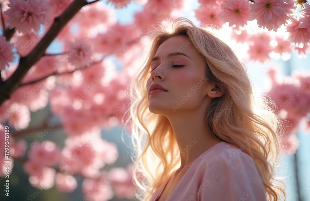 Fototapeta premium Blonde woman stands by blooming cherry tree. Peaceful spring scene, pink flowers, light blue sky. Calm mood, gentle breeze, sun flares, serene moment.