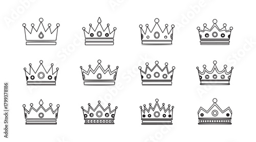 Collection of twelve hand drawn regal crown illustrations silhouette