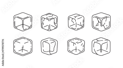 Collection of eight distinct ice cube silhouettes in a sketch style