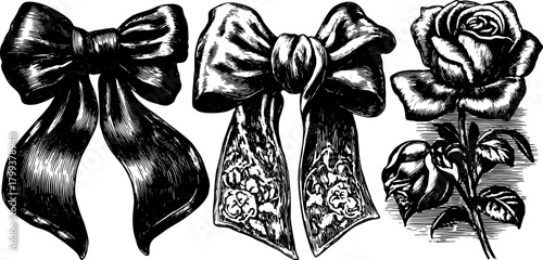 Bow and rose silhouettes in vintage engraving style. Black outline and stipple create an elegant vector illustration set.