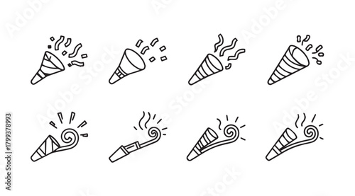 Collection of hand drawn party popper and confetti silhouettes for celebrations